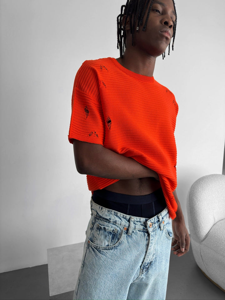 Lös Passform Torn Ribbad T-Shirt - Orange