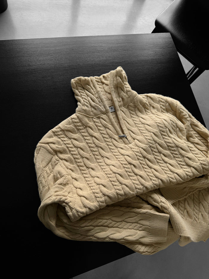 Oversized Krage Flätad Dragkedja Pullover - Beige
