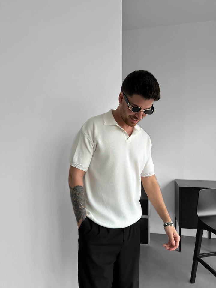 Överdimensionerad Krage Stickad T-shirt - Ecru