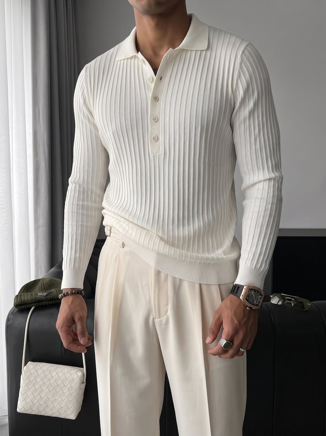 Slim Fit Polo Stickad Tröja - Ecru