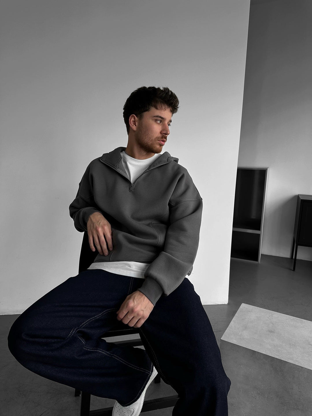 Lös Passform Halv-Zip Bas Hoodie - Antracit