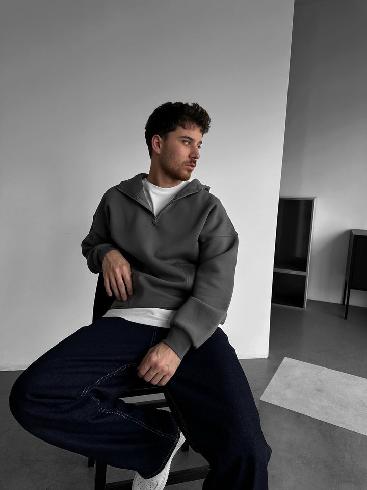 Lös Passform Halv-Zip Bas Hoodie - Antracit