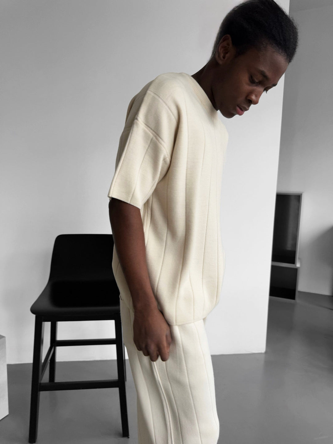 Oversize Line Knit T-Shirt - Cremé