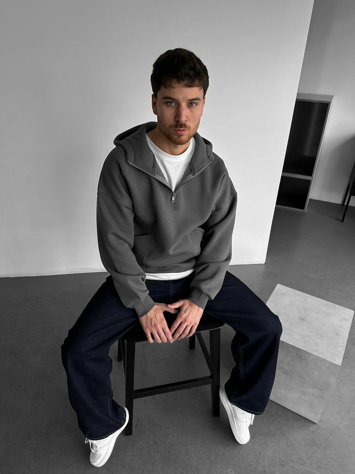 Lös Passform Halv-Zip Bas Hoodie - Antracit