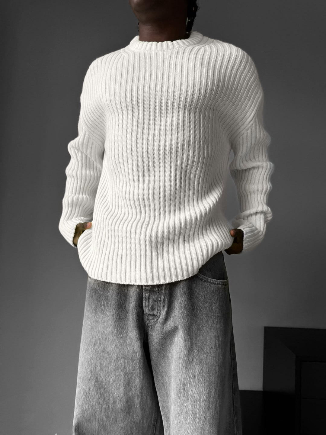 Lös Passform Randig Struktur Pullover - Ecru