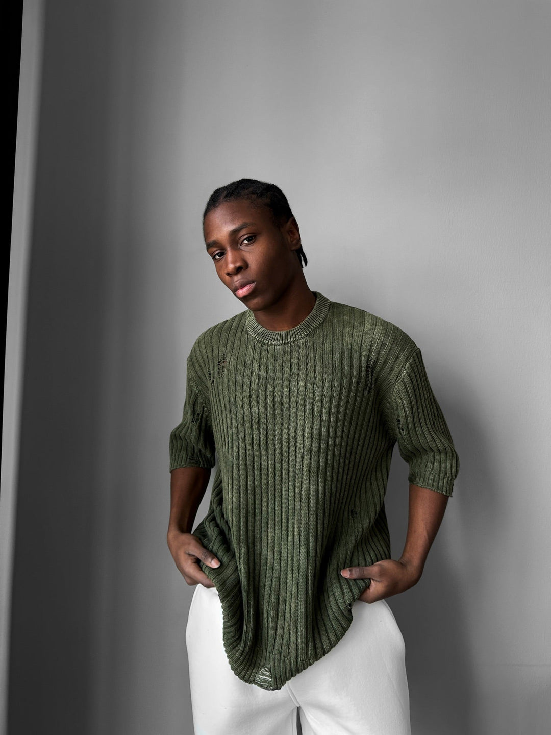 Oversize Torn Tvättad Stickad T-shirt - Khaki