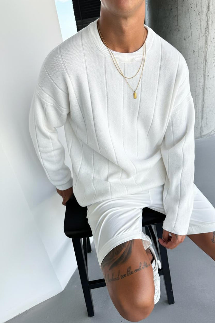Oversize Lines Stickad Sweatshirt - Ecru
