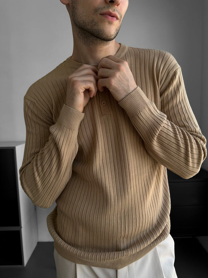 Slim Fit Knappstickad Tröja - Beige