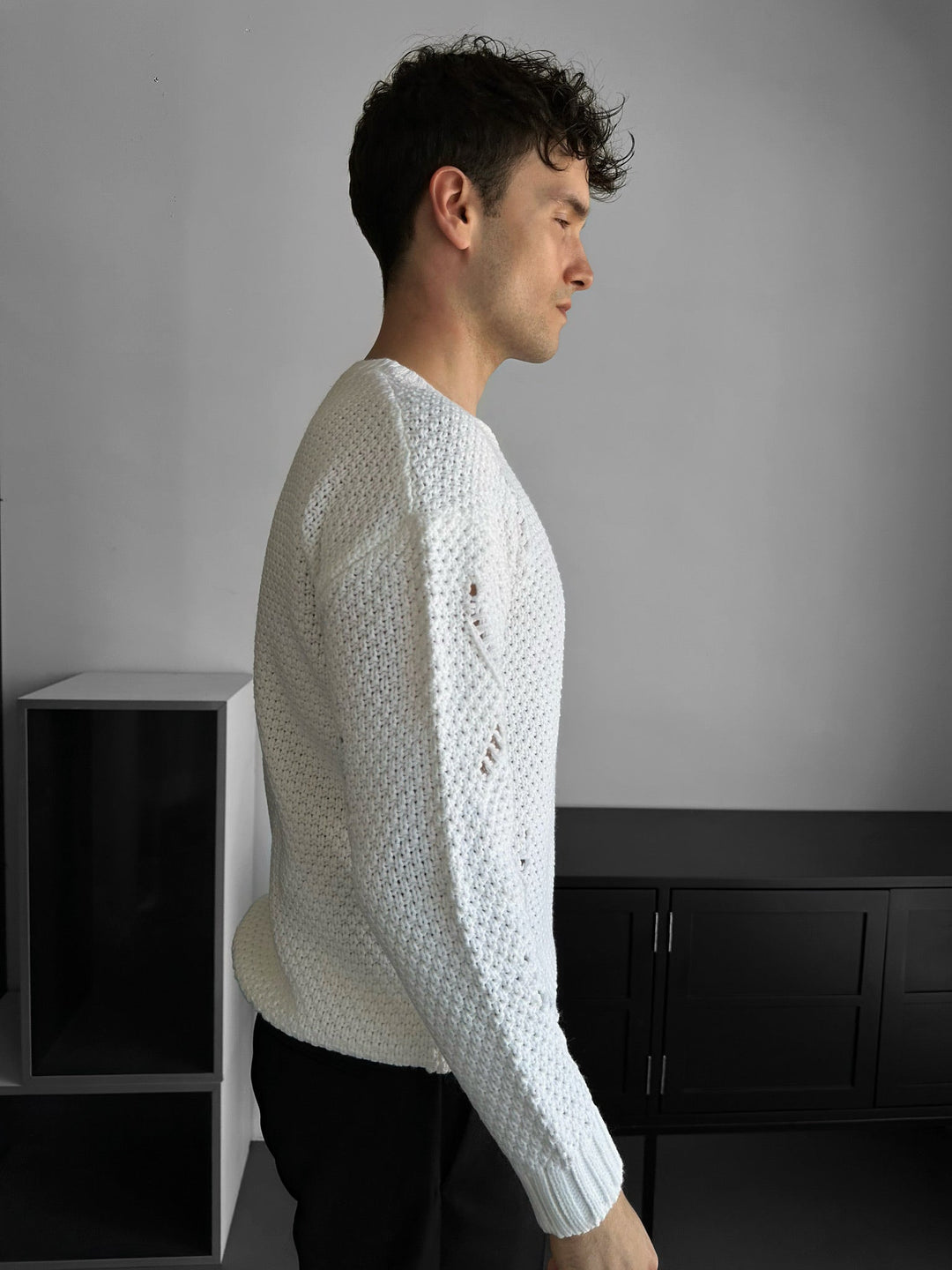 Regular Fit Textured Torn Sweater - Vit
