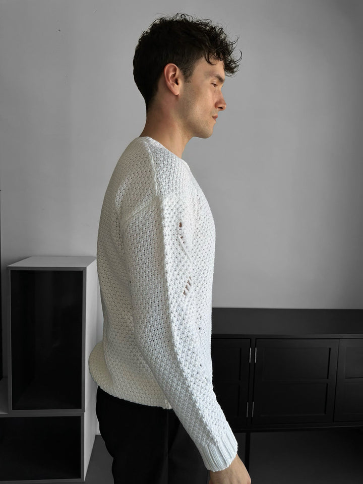 Regular Fit Textured Torn Sweater - Vit
