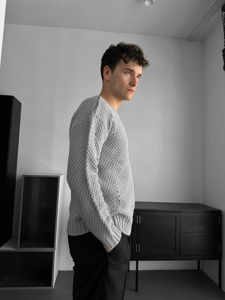 Regular Fit Textured Torn Sweater - Grå