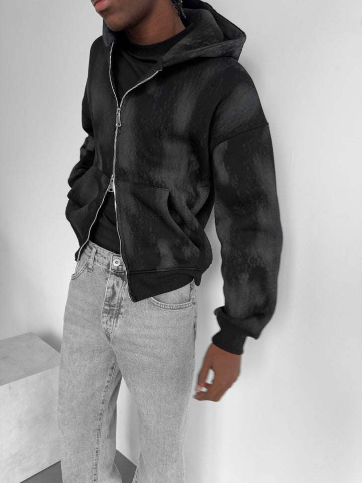 Oversized Effekt Tvättad Dragkedja Hoodie - Svart