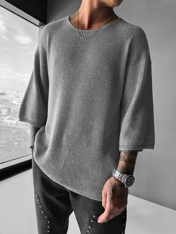 Oversize Lång Stickad T-shirt - Grå