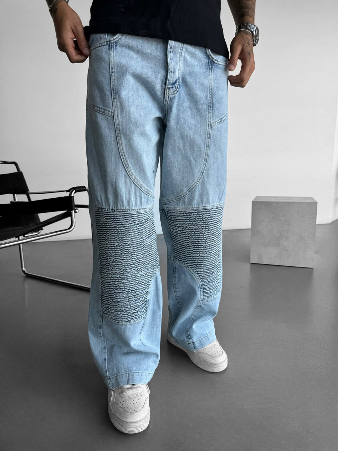 Baggy sömdetalj jeans - Blå