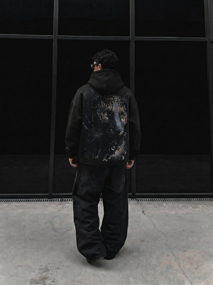 Oversize Detaljerad Lejon Hoodie - Svart