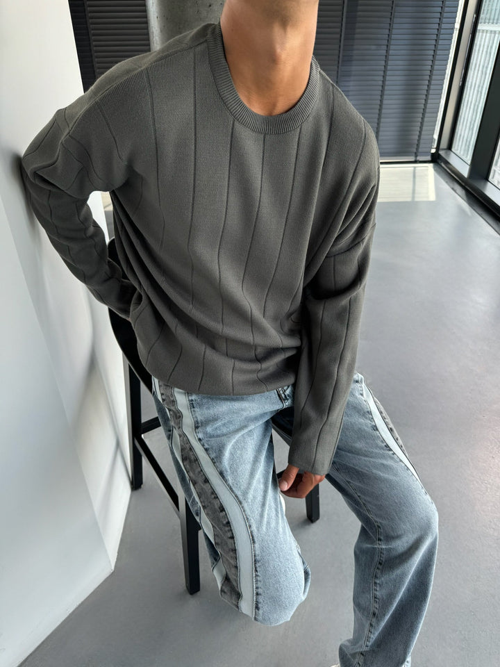 Oversize Lines Stickad Sweatshirt - Antracit
