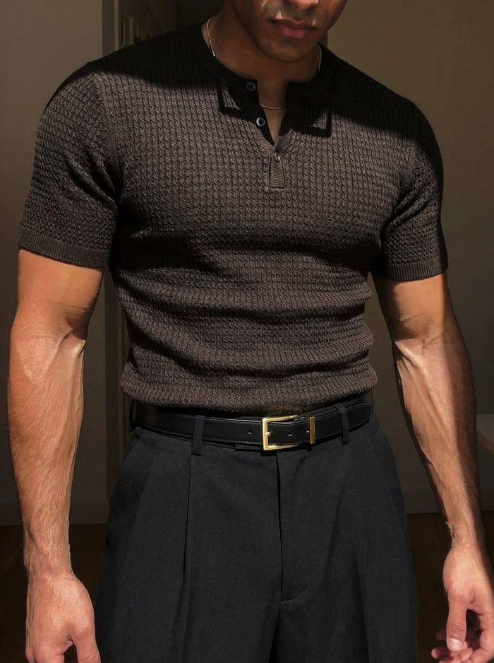 Regular Fit Waffle Button T-shirt - Mörkbrun