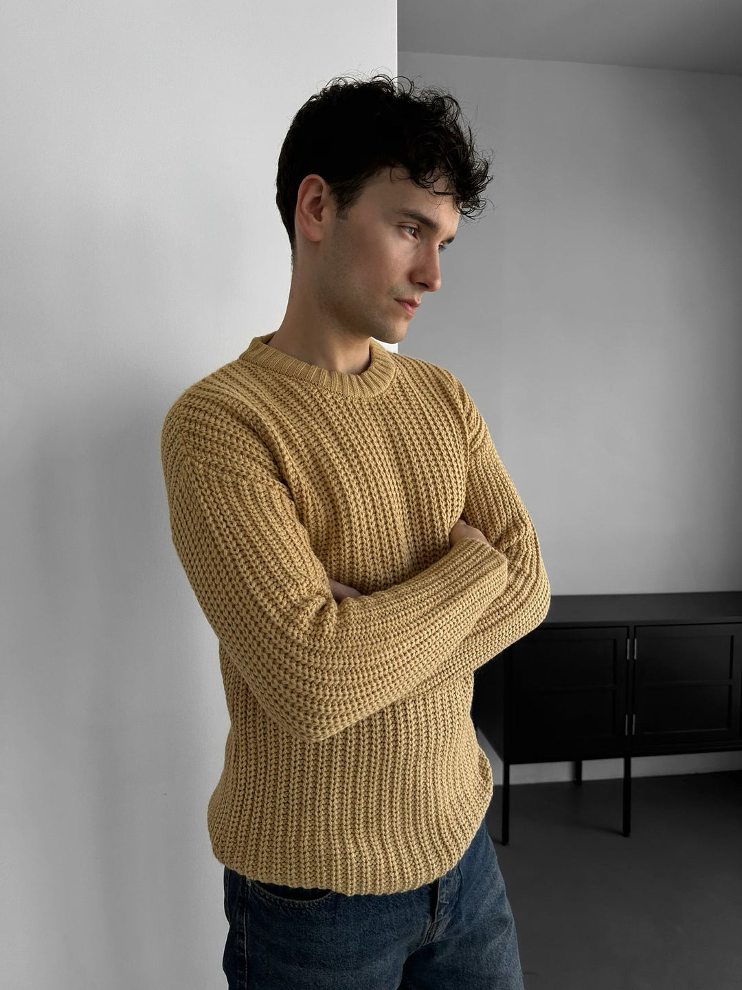 Slim Fit Flätad Stickad Tröja - Beige