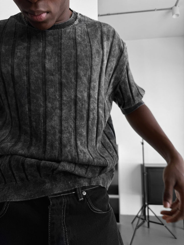 Slim Fit Tvättade Linjer Stickad T-Shirt - Antracit
