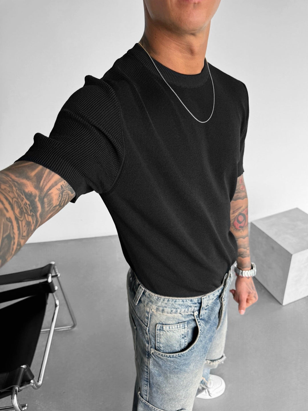 Oversize Stickad T-shirt - Svart