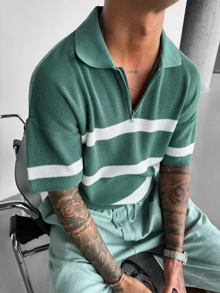 Regelbunden Stickad Dragkedja T-shirt - Petrol