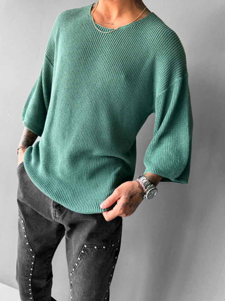 Oversize Lång Stickad T-Shirt - Petrol