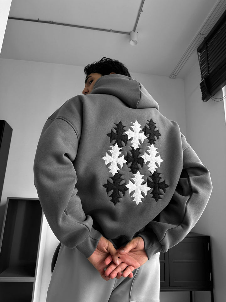 Oversize Gotisk Kors Hoodie - Antracit