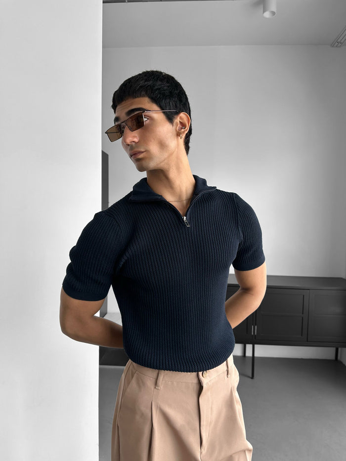 Slim Fit Mock Neck Zip T-shirt - Marinblå