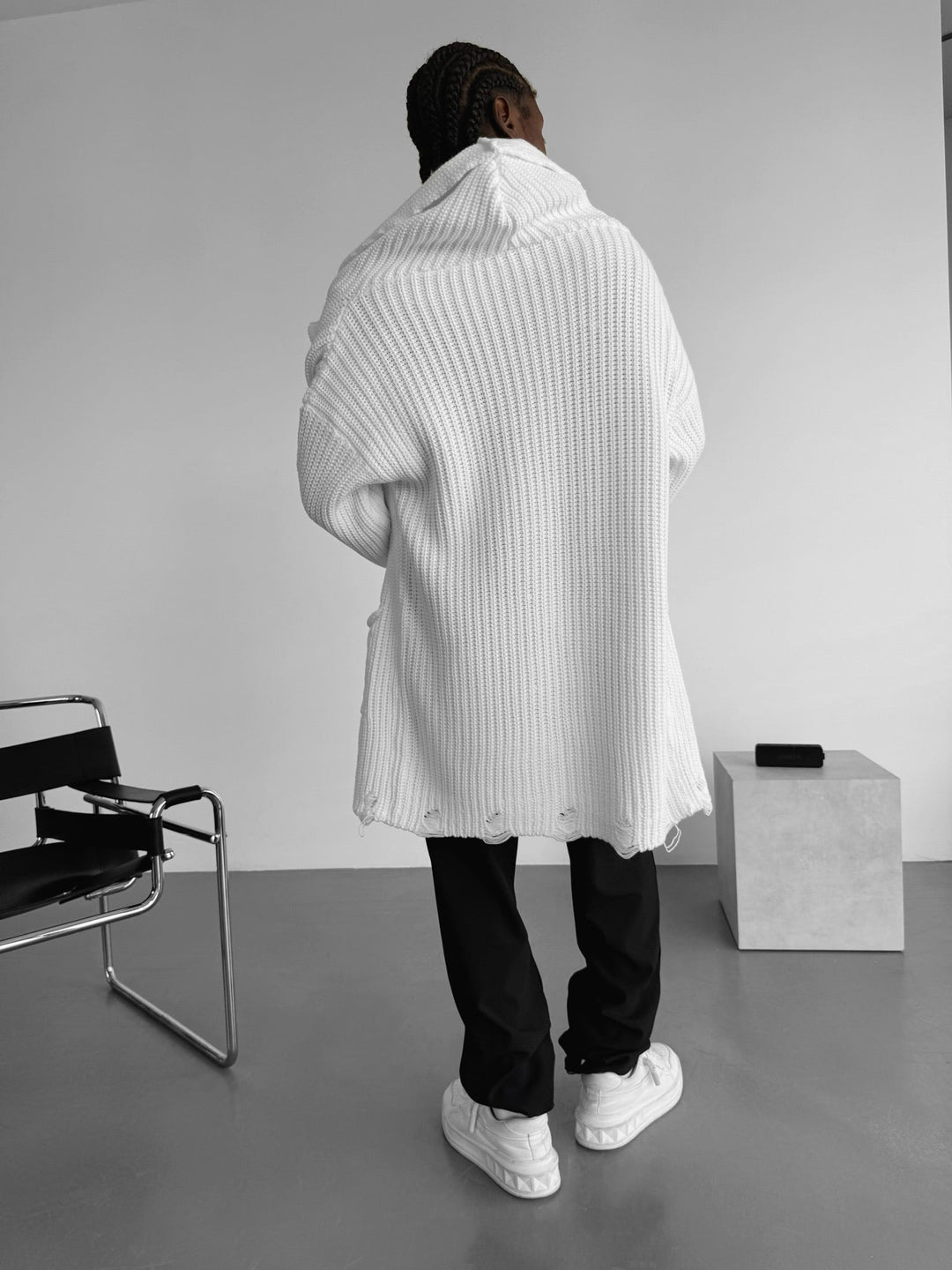 Lös Passform Lång Stickad Cardigan - Vit