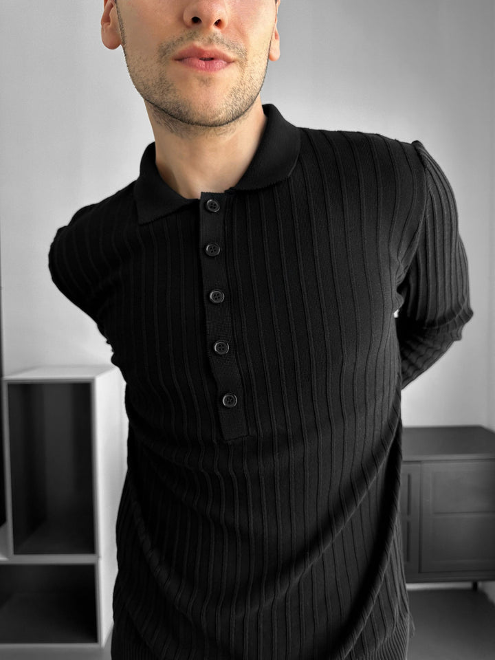 Slim Fit Polo Stickad Tröja - Svart