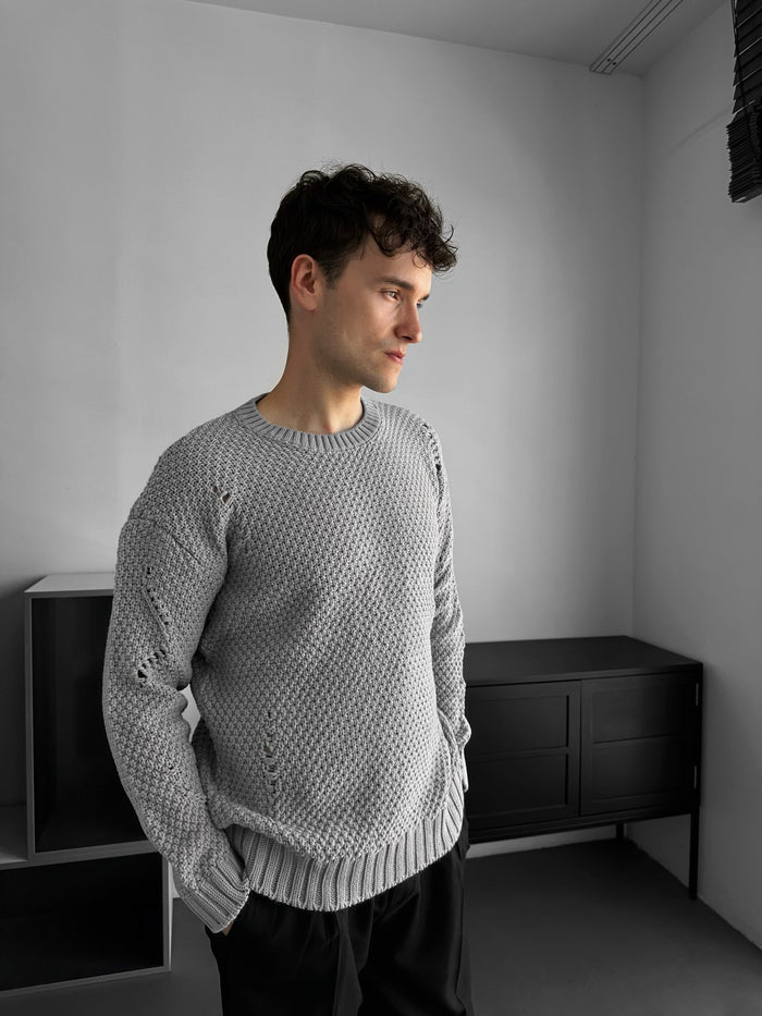 Regular Fit Textured Torn Sweater - Grå