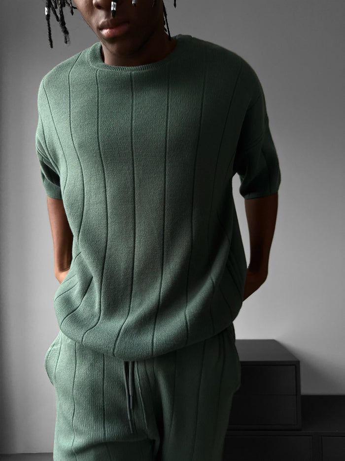 Oversize Line Knit T-Shirt - Petrol