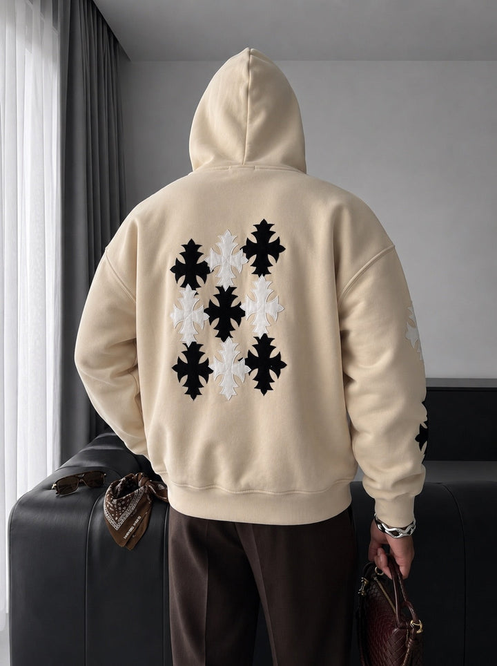 Oversize Gotisk Kors Hoodie - Beige