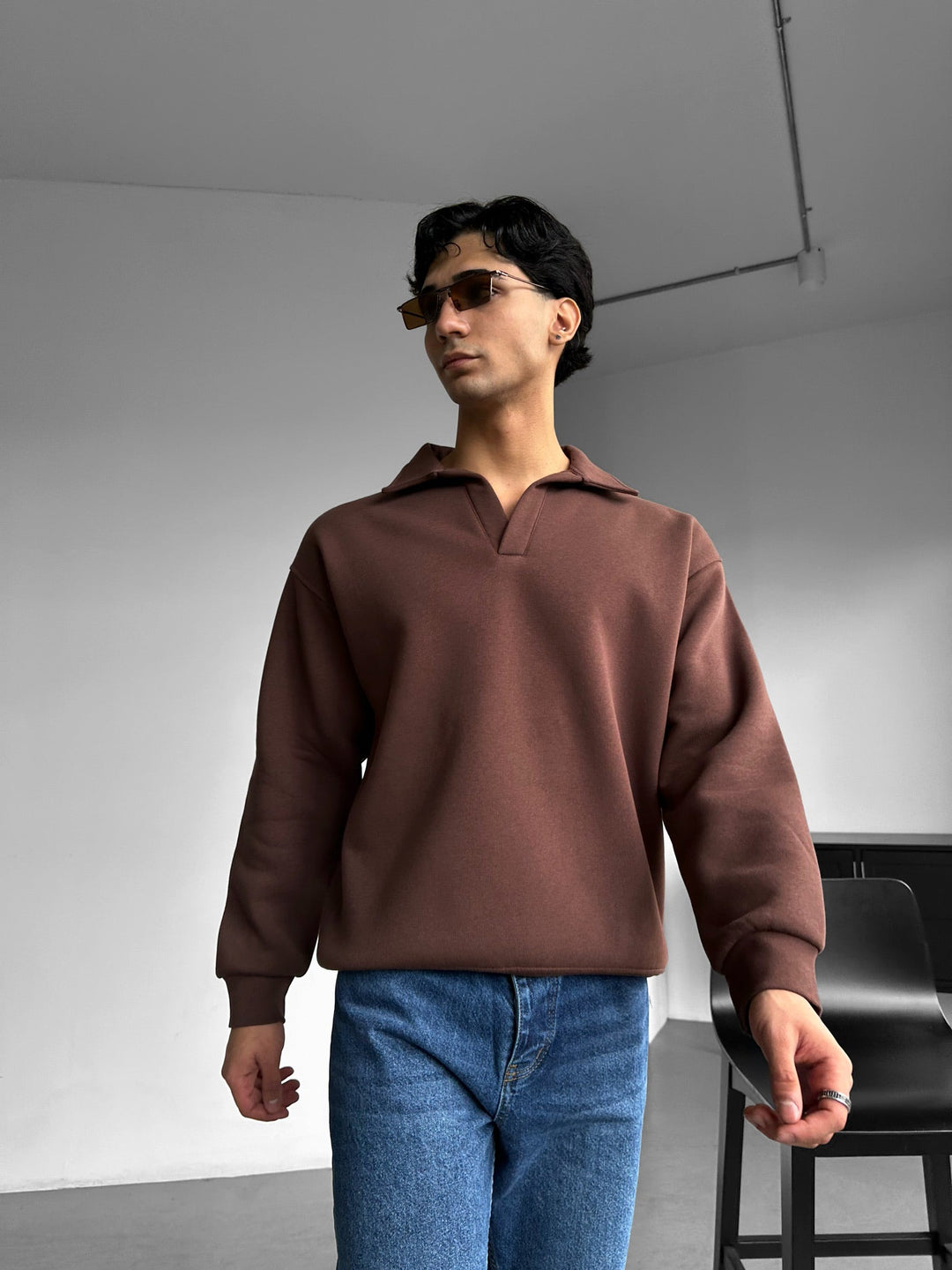 Oversize Basic Polo Sweatshirt - Chokladbrun