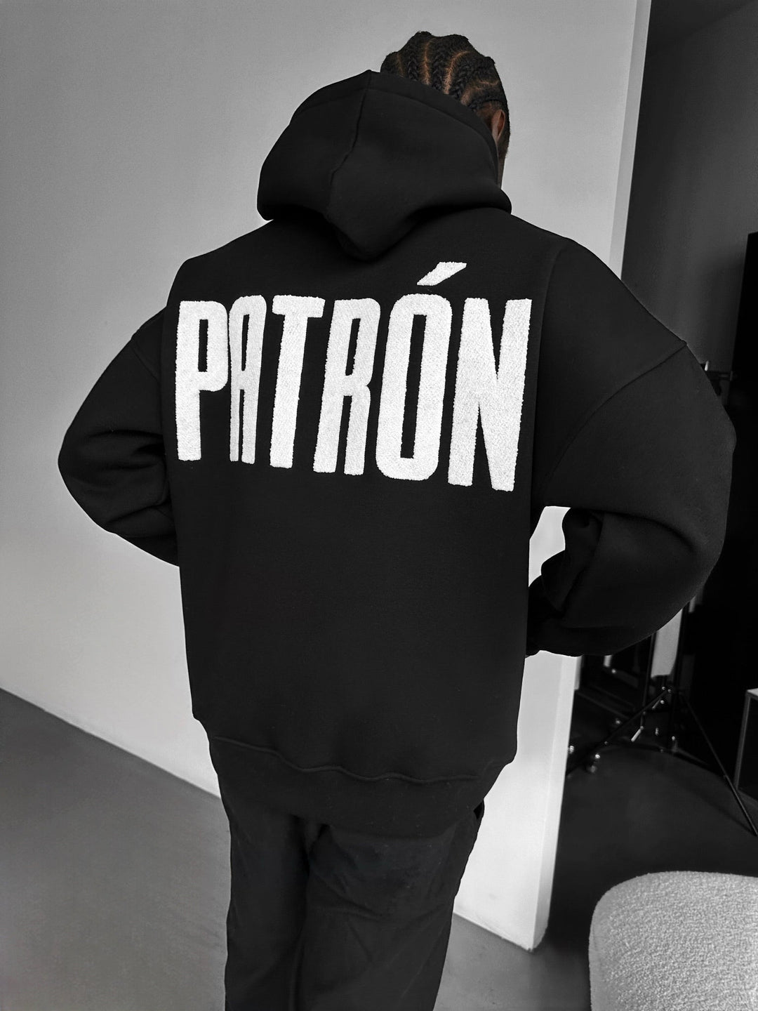 Oversize Detaljerad Patron Hoodie - Svart och Vit