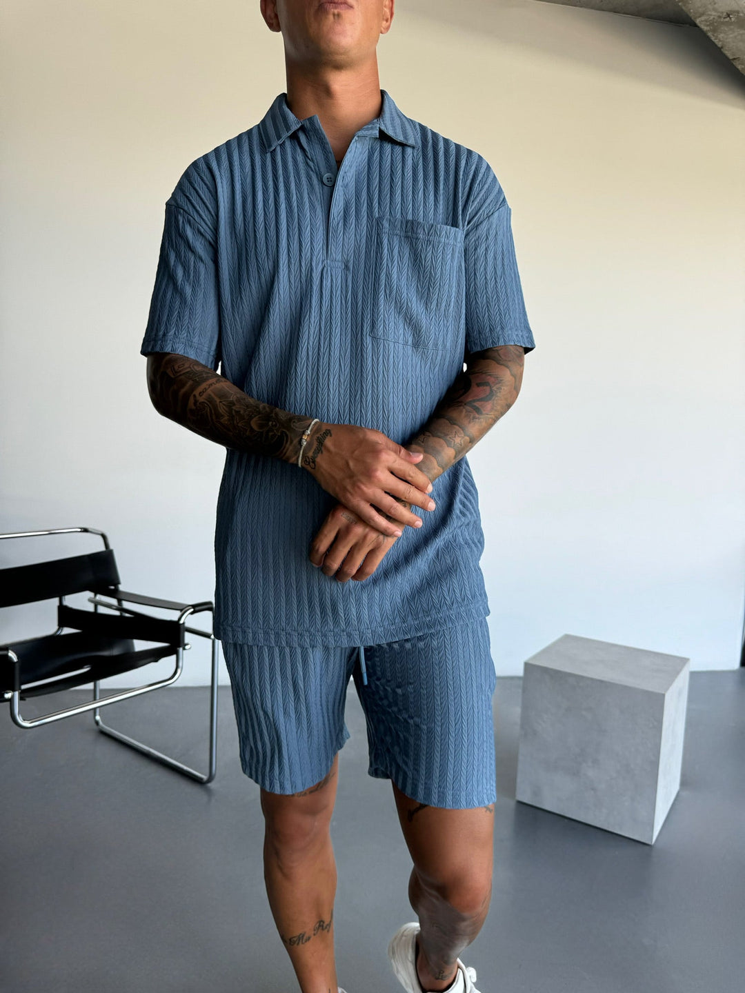 Oversize Strukturerad Polo T-Shirt - Coronet Blå