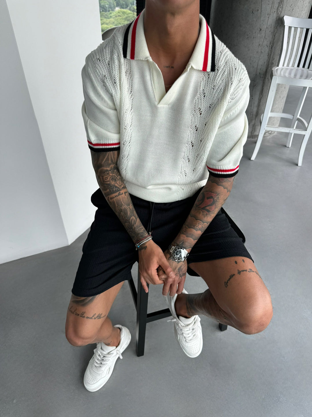 Slim Fit Detaljstickad Polo T-shirt - Ecru