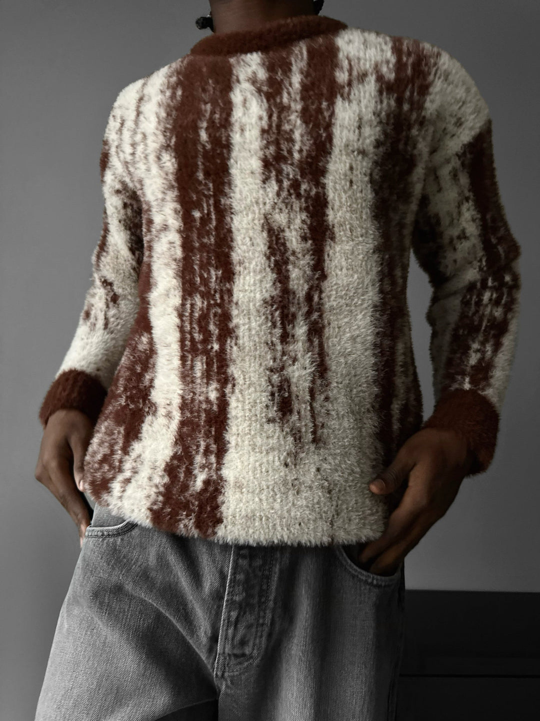 Oversize Brushstroke Effect Knit Pullover - Choklad