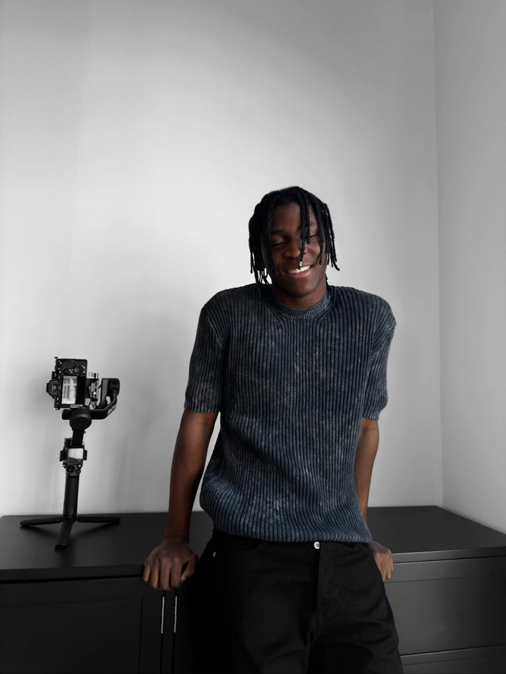 Slim Fit Tvättad Tunn Linjer Stickad T-Shirt - Antracit