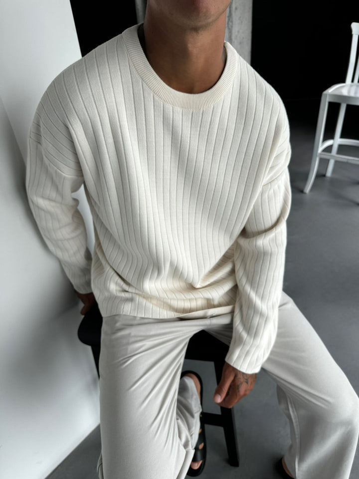 Överdimensionerad Bred Ribbade Långärmad Stickad Sweatshirt - Ecru