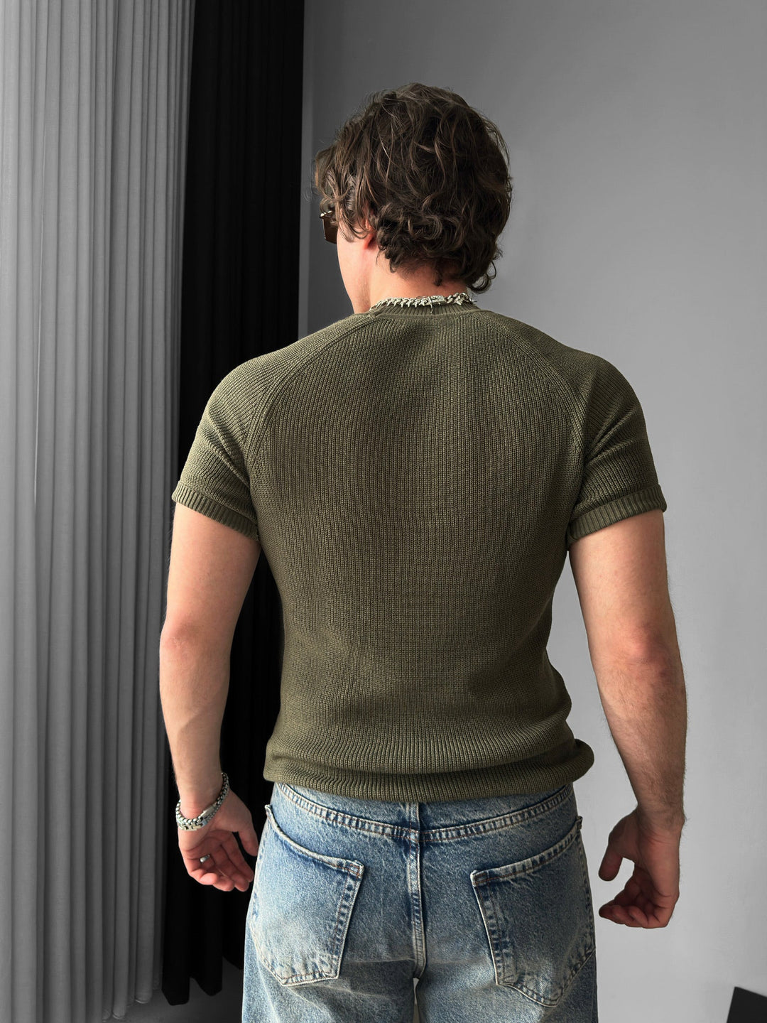 Slim Fit Stickad T-shirt - Khaki
