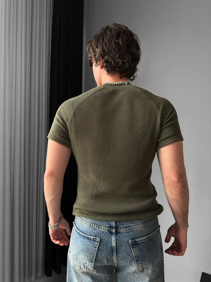 Slim Fit Stickad T-shirt - Khaki