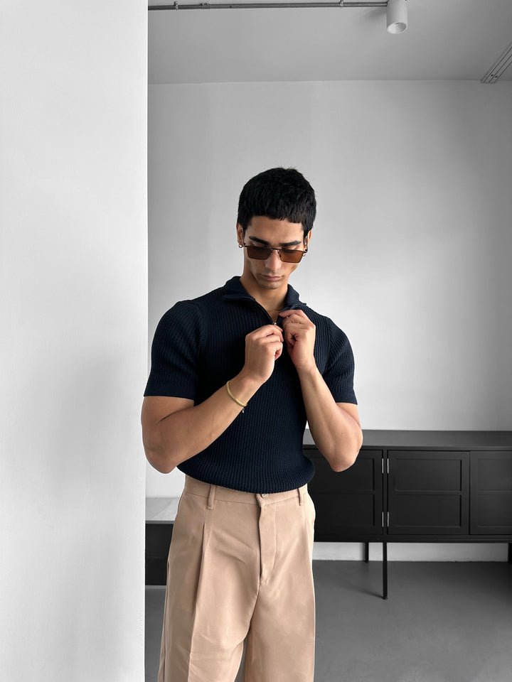 Slim Fit Mock Neck Zip T-shirt - Marinblå