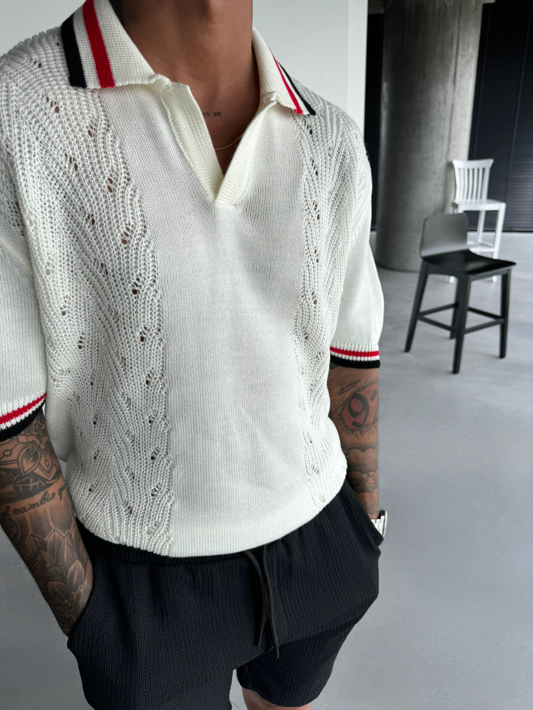 Slim Fit Detaljstickad Polo T-shirt - Ecru