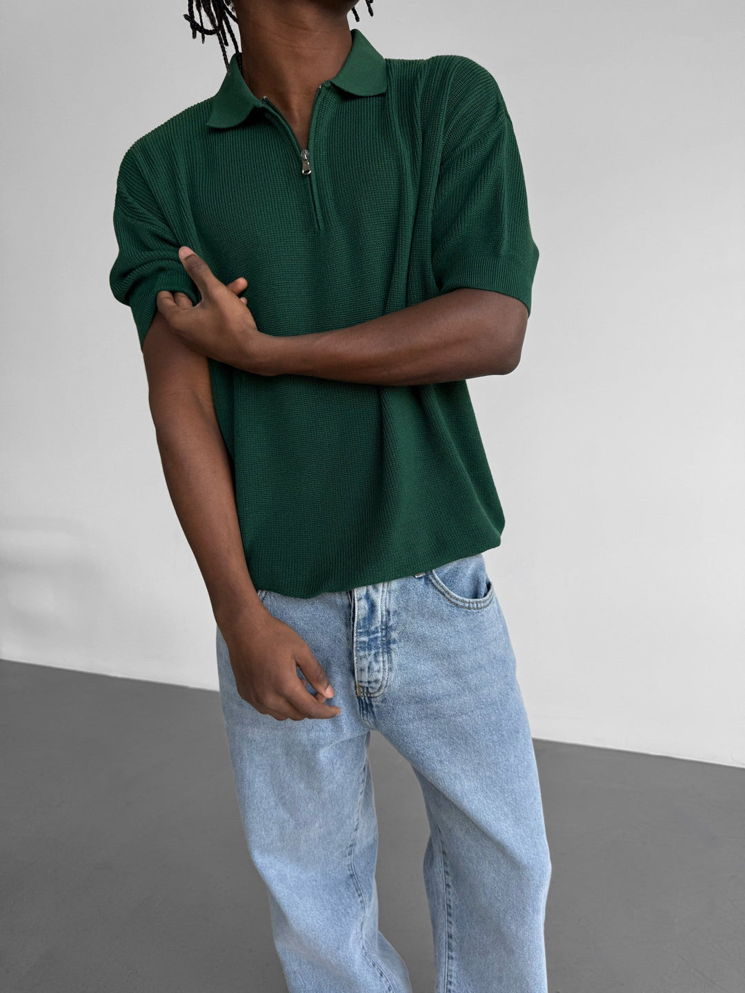 Överdimensionerad Dragkedja Stickad Polo T-shirt - Smaragd