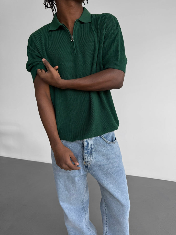 Överdimensionerad Dragkedja Stickad Polo T-shirt - Smaragd