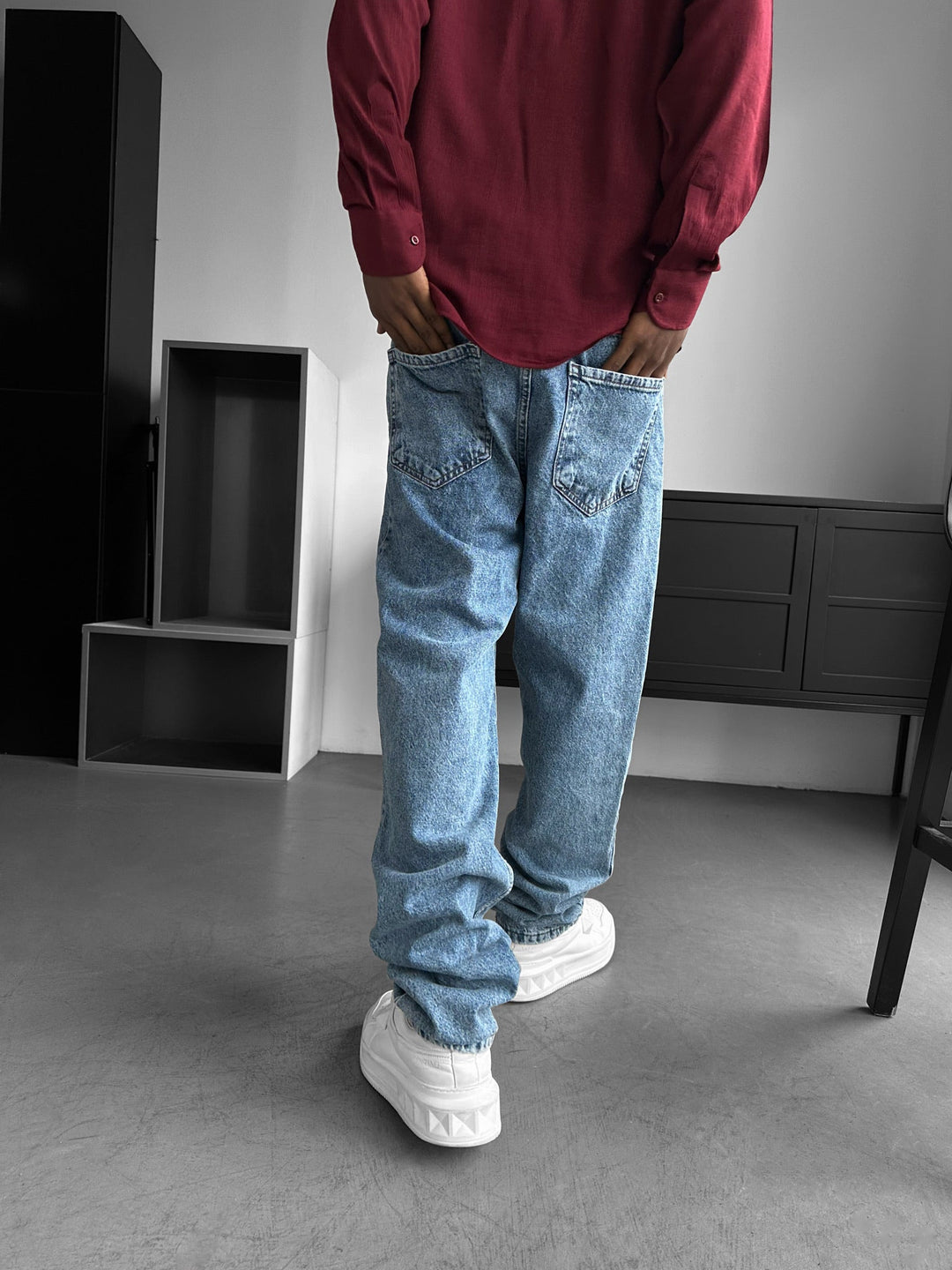 Baggy Fit Tvättade Jeans - Blå