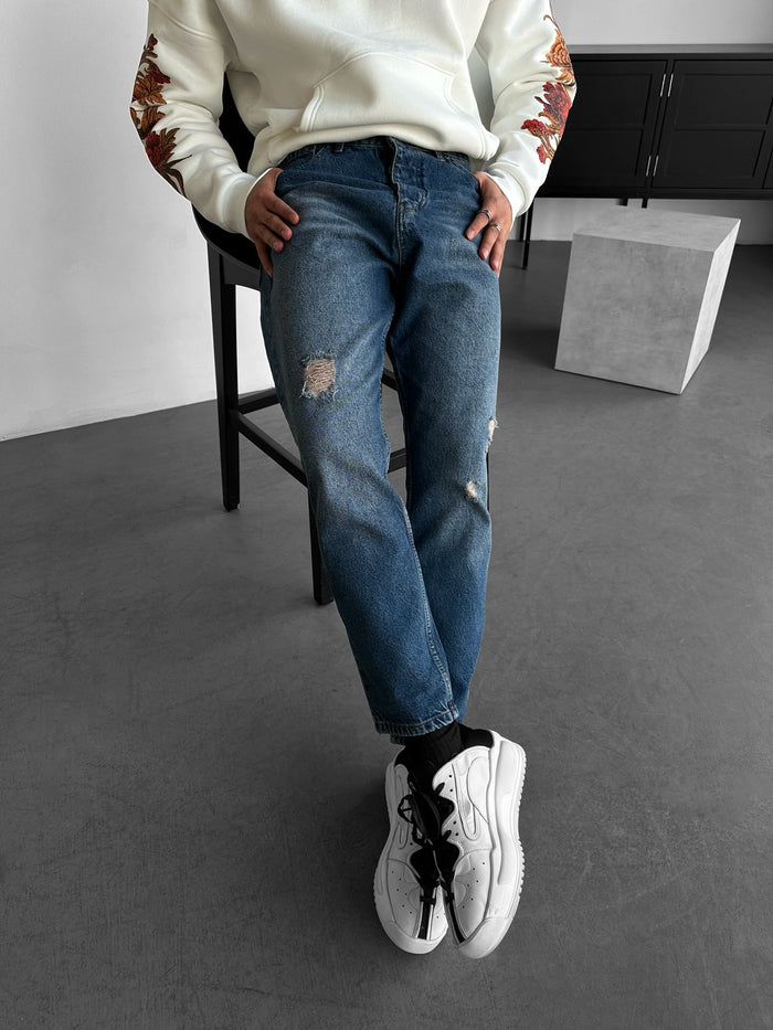 Kille Tvättade Trasiga Jeans - Mörkblå