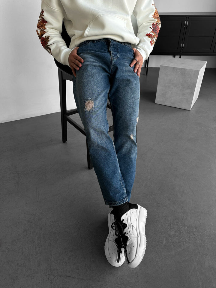 Kille Tvättade Trasiga Jeans - Mörkblå