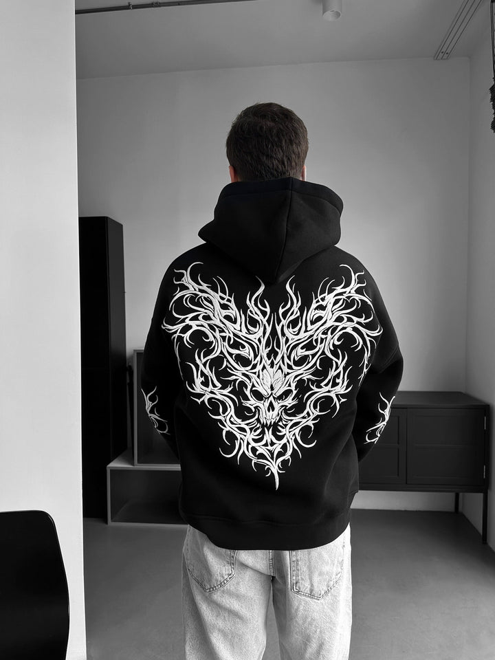 Överdimensionerad Tribal Skull Hoodie - Svart